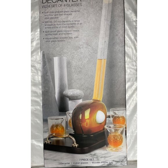 Brookstone Pin High Decanter Set with 4 Shot Glasses & Wooden Tray - New - Picture 4 of 7